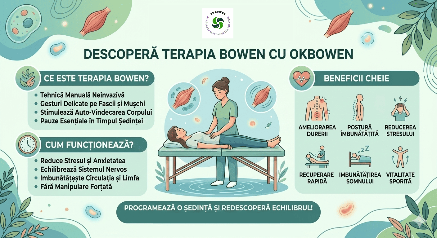 Aceasta este o descriere detaliată a infograficului despre Terapia Bowen, creat de „OKBOWEN”, concepută pentru a oferi o imagine mentală clară a structurii și conținutului său.  Aspect General și Stil Vizual Imaginea are un aspect calm și terapeutic, folosind o paletă de culori pastelate: nuanțe de verde mentă, bleu și accente de portocaliu pal. În centrul imaginii se află o ilustrație cu o terapeută care aplică tehnica pe un pacient, înconjurată de text organizat în trei secțiuni principale și o zonă de beneficii reprezentată prin pictograme.  Detaliile Ilustrației Centrale O femeie (terapeutul) stă în picioare lângă o masă de masaj pe care este întins un pacient. Terapeutul poartă o uniformă medicală verde și are mâinile așezate ușor pe abdomenul pacientului. Deasupra lor, sunt mici ilustrații plutitoare ale unor fibre musculare, sugerând că terapia acționează la nivel profund asupra țesuturilor.  Conținutul Textului (Tradus și Organizat) 1. Ce este Terapia Bowen? (Stânga sus) Tehnică manuală neinvazivă: Nu implică forță sau ace.  Gesturi delicate: Se lucrează pe fascia (țesutul conjunctiv) și mușchi.  Stimulează auto-vindecarea: Ajută corpul să se repare singur.  Pauze esențiale: În timpul ședinței, există momente de repaus pentru a permite corpului să proceseze mesajele transmise.  2. Cum funcționează? (Stânga jos) Reduce stresul și anxietatea.  Echilibrează sistemul nervos.  Îmbunătățește circulația sângelui și a limfei.  Fără manipulare forțată: Mișcările sunt blânde, fără trosnituri de oase.  3. Beneficii Cheie (Dreapta) Această secțiune folosește pictograme intuitive pentru a enumera avantajele:  Ameliorarea durerii: (O imagine cu spatele unui om și puncte roșii de durere).  Postură îmbunătățită: (O siluetă cu coloana vertebrală dreaptă).  Reducerea stresului: (Un cap cu simboluri de fulgere, sugerând tensiunea care dispare).  Recuperare rapidă: (O mână care oferă sprijin unei persoane).  Îmbunătățirea somnului: (O persoană care doarme liniștită sub o pătură).  Vitalitate sporită: (O siluetă cu brațele ridicate, plină de energie).  Mesajul de Final În partea de jos, pe un fundal verde închis, scrie cu litere albe:  „Programează o ședință și redescoperă echilibrul!”  Imaginea este încadrată de motive vegetale (frunze stilizate) în colțuri, întărind ideea de natural și sănătate.