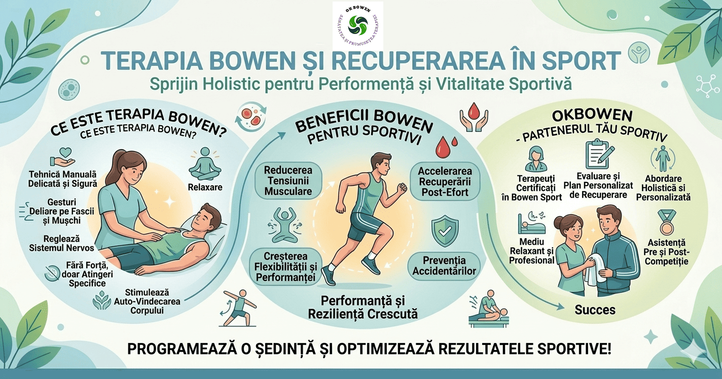  Această imagine completează seria de infografice, fiind dedicată de această dată Terapiei Bowen și recuperării în sport. Vizualul păstrează aceleași nuanțe relaxante de verde și albastru, fiind structurat în trei secțiuni principale care descriu beneficiile tehnicii pentru sportivi.  Iată descrierea detaliată a conținutului:  1. Titlul și Tematica În partea de sus, central, este scris titlul: „TERAPIA BOWEN ȘI RECUPERAREA ÎN SPORT”, cu subtitlul „Sprijin Holistic pentru Performanță și Vitalitate Sportivă”.  2. Secțiunea din Stânga: Tehnica Bowen Ilustrația prezintă o terapeută care lucrează cu un sportiv aflat pe masa de tratament. Textul explică natura procedurii:  Gesturi delicate pe fascii și mușchi: Tehnica se concentrează pe sistemul fascial al corpului.  Reglează sistemul nervos: Ajută corpul să treacă din starea de stres (activitate) în cea de refacere.  Fără forță, doar atingeri specifice: O metodă non-invazivă care nu implică manipulări brutale.  Stimulează auto-vindecarea: Pregătește corpul să se repare singur după efort.  3. Secțiunea Centrală: Beneficii pentru Sportivi În mijloc apare imaginea unui bărbat în timp ce aleargă, sugerând dinamism. Jur-împrejur sunt listate avantajele:  Reducerea tensiunii musculare: Esențială după antrenamente intense.  Creșterea flexibilității și performanței: Ajută la obținerea unei raze mai mari de mișcare.  Accelerarea recuperării post-efort: Reduce timpul necesar între sesiunile de antrenament.  Prevenția accidentărilor: Prin menținerea echilibrului structural al corpului.  Concluzia: „Performanță și Reziliență Crescută”.  4. Secțiunea din Dreapta: OKBOWEN - Partenerul Sportiv Această parte arată o terapeută oferind un prosop unui sportiv, simbolizând finalul unei sesiuni de succes. Punctele forte menționate sunt:  Terapeuți certificați special în Bowen Sport.  Evaluare și plan de recuperare personalizat pentru fiecare atlet.  Asistență atât pre-competiție, cât și post-competiție.  Un mediu relaxant și profesionist pentru „Succes”.  5. Îndemnul la Acțiune La baza infograficului scrie cu litere mari: „PROGRAMEAZĂ O ȘEDINȚĂ ȘI OPTIMIZEAZĂ REZULTATELE SPORTIVE!”, urmat de datele de contact și site-ul centrului.