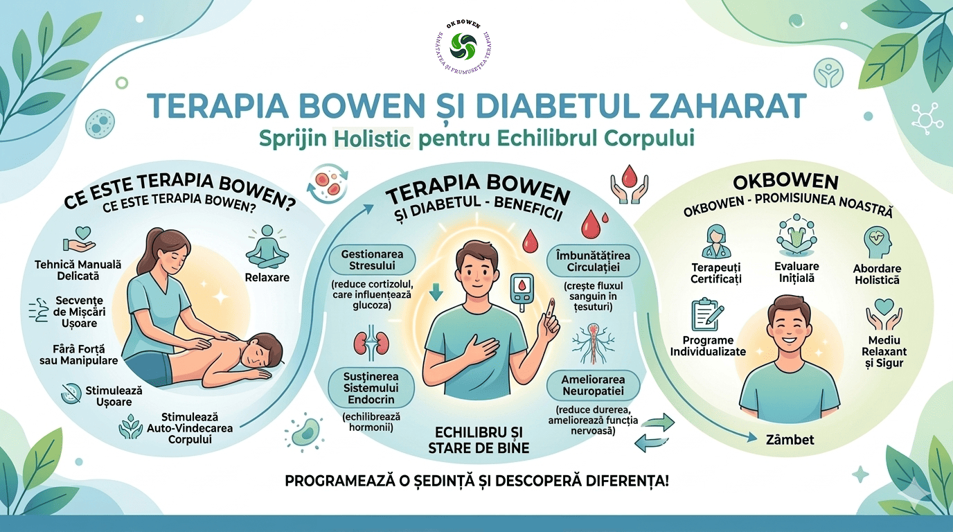 Imaginea este un infografic medical și terapeutic, cu un design curat, în nuanțe predominante de albastru deschis, verde pal și alb. Textul este în limba română.  Structura Generală și Titlul În partea de sus, central, se află un logo circular verde (OK BOWEN) și titlul principal scris cu litere mari, de culoare albastră:  Titlu principal: „TERAPIA BOWEN ȘI DIABETUL ZAHARAT”  Subtitlu: „Sprijin Holistic pentru Echilibrul Corpului”  Sub acest titlu, infograficul este împărțit vizual în trei cercuri mari (secțiuni) mari, aranjate de la stânga la dreapta, conectate prin săgeți subtile care sugerează un parcurs terapeutic.  Secțiunea 1 (Stânga): Ce este Terapia Bowen? Această secțiune explică conceptul terapiei printr-o ilustrație și text explicativ așezat în jurul ei.  Imaginea centrală: O terapeută într-o uniformă medicală turcoaz aplică o presiune ușoară cu mâinile pe spatele unui pacient care stă întins pe burtă, pe o masă de masaj. Atmosfera sugerează calm și relaxare.  Puncte informative (text și pictograme):  Tehnică Manuală Delicată (pictogramă cu o mână și o inimă).  Secvențe de Mișcări Ușoare (pictogramă cu linii de mișcare).  Fără Forță sau Manipulare.  Stimulează Ușoare / Stimulează Auto-Vindecarea Corpului (pictogramă cu o plantă în palme).  Relaxare (pictogramă cu o persoană în poziție de meditație/lotus).  Secțiunea 2 (Centru): Terapia Bowen și Diabetul - Beneficii Această secțiune se concentrează pe efectele terapeutice directe asupra organismului unei persoane cu diabet.  Imaginea centrală: Un bărbat tânăr, zâmbitor, îmbrăcat în tricou verde. Într-o mână ține un glucometru care arată o picătură de sânge, iar cu cealaltă mână arată spre un ecran mic, sugerând monitorizarea glicemiei. Sub el scrie: „ECHILIBRU ȘI STARE DE BINE”.  Beneficiile prezentate (aranjate în jurul personajului):  Gestionarea Stresului: (reduce cortizolul, care influențează glucoza) – însoțit de o pictogramă cu celule.  Susținerea Sistemului Endocrin: (echilibrează hormonii) – însoțit de o pictogramă cu rinichii/glandele suprarenale.  Îmbunătățirea Circulației: (crește fluxul sanguin în țesuturi) – însoțit de pictograme cu picături de sânge.  Ameliorarea Neuropatiei: (reduce durerea, ameliorează funcția nervoasă) – însoțit de o pictogramă care ilustrează sistemul nervos de la nivelul picioarelor.  Secțiunea 3 (Dreapta): OKBOWEN - Promisiunea Noastră Această secțiune descrie standardele și abordarea clinicii sau a brandului „OKBOWEN”.  Imaginea centrală: Un bust ilustrat al unui bărbat tânăr, foarte zâmbitor. Sub el este scris cuvântul „Zâmbet”.  Valorile și serviciile oferite (cu pictograme specifice):  Terapeuți Certificați (pictogramă cu un specialist în uniformă).  Evaluare Inițială (pictogramă cu siluete umane înconjurate de cercuri).  Abordare Holistică (pictogramă cu un profil uman și un creier/gândire pozitivă).  Programe Individualizate (pictogramă cu un dosar medical/listă de verificare).  Mediu Relaxant și Sigur (pictogramă cu două mâini care susțin o inimă).  Subsolul (Mesajul de Final) În partea de jos a imaginii, centrat, se află un îndemn la acțiune scris cu litere îngroșate de culoare neagră:  „PROGRAMEAZĂ O ȘEDINȚĂ ȘI DESCOPERĂ DIFERENȚA!”