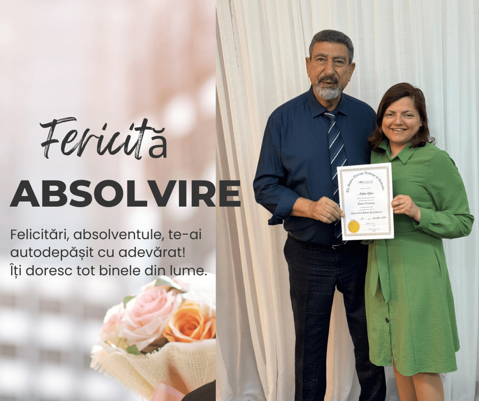 Această imagine este un colaj digital de tip felicitare, creat pentru a celebra o realizare academică sau profesională, îmbinând un design estetic cu o fotografie de la un eveniment oficial.  Iată descrierea detaliată a elementelor vizuale:  Partea Stângă: Designul și Mesajul Fundalul: Are un aspect diafan, cu tonuri calde de crem și roz, fiind ușor neclar (efect bokeh). În partea de jos, se observă un buchet delicat de trandafiri în nuanțe de roz pal și portocaliu piersică.  Textul Principal: În partea de sus, mesajul este scris mare și vizibil:  "Fericită" (scris cu un font cursiv, de mână, de culoare neagră).  "ABSOLVIRE" (scris dedesubt, cu litere de tipar groase și drepte).  Mesajul de Felicitare: Mai jos, scris cu un font simplu și modern, apare urarea: "Felicitări, absolventule, te-ai autodepășit cu adevărat! Îți doresc tot binele din lume."  Partea Dreaptă: Fotografia de Absolvire Această secțiune conține o fotografie reală cu două persoane:  Subiecții:  În stânga: Un bărbat maturi, cu barbă și mustață gri, purtând o cămașă bleumarin și o cravată cu dungi oblice. El privește cu mândrie spre cameră.  În dreapta: O femeie cu zâmbet larg, purtând ochelari și o rochie elegantă de culoare verde-fistic. Ea are părul șaten, tuns până la umeri.  Elementul Central: Cei doi țin împreună o diplomă oficială, albă, pe care se poate observa o ștampilă aurie rotundă în colțul de jos. Aceasta pare să fie documentul care atestă absolvirea cursului.  Cadrul: Fundalul fotografiei este format dintr-o perdea albă, subțire, cu falduri verticale, sugerând un cadru festiv sau o sală de ceremonii.  Atmosfera Generală Imaginea transmite o stare de împlinire, succes și bucurie împărtășită. Este o compoziție caldă, care pune în lumină atât efortul depus pentru obținerea diplomei, cât și celebrarea acestui moment alături de un mentor sau o persoană dragă.